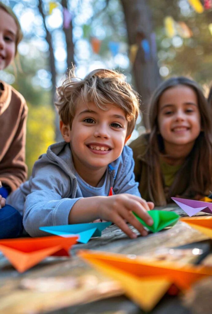 Kinder, die auf dem Boden mit Papierschiffchen spielen
